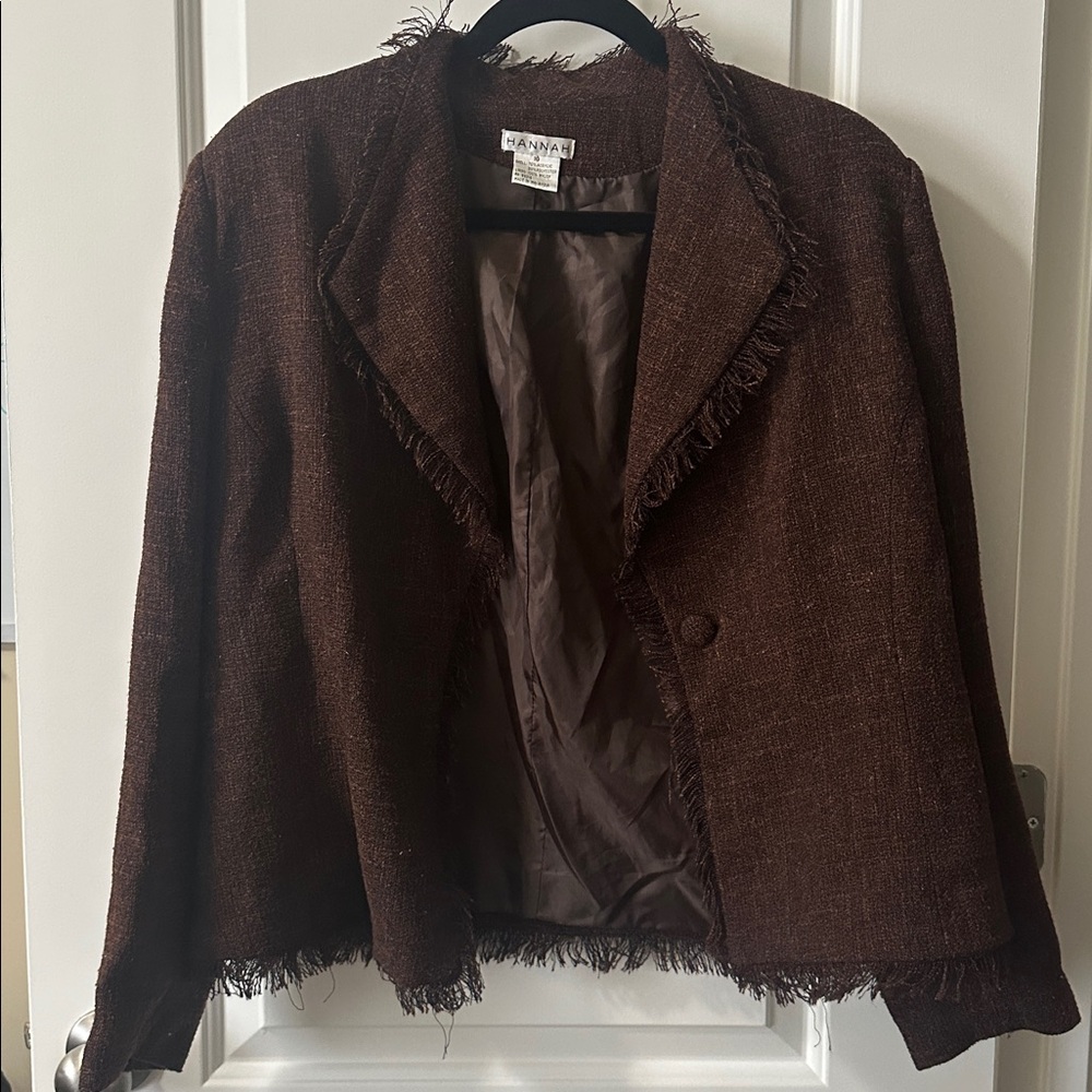 HANNAH Women's Size 10 Tweed‎ Fringe Blazer Jacket Brown CottageCore Vintage